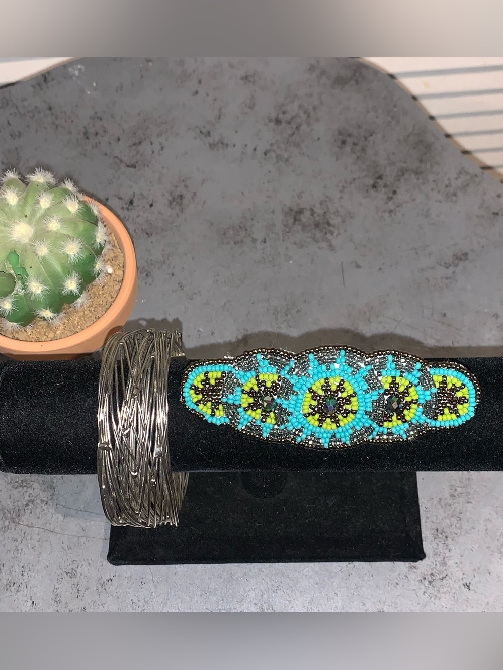 Vintage Silver Cuff bracelet and handmade beaded Turquoise hair barrette